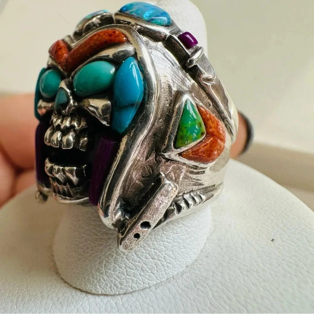 Handmade Sterling Silver & Multi Stone Inlay
Skull/Pilot/Biker/Rocker Ring - Picture 6 of 9